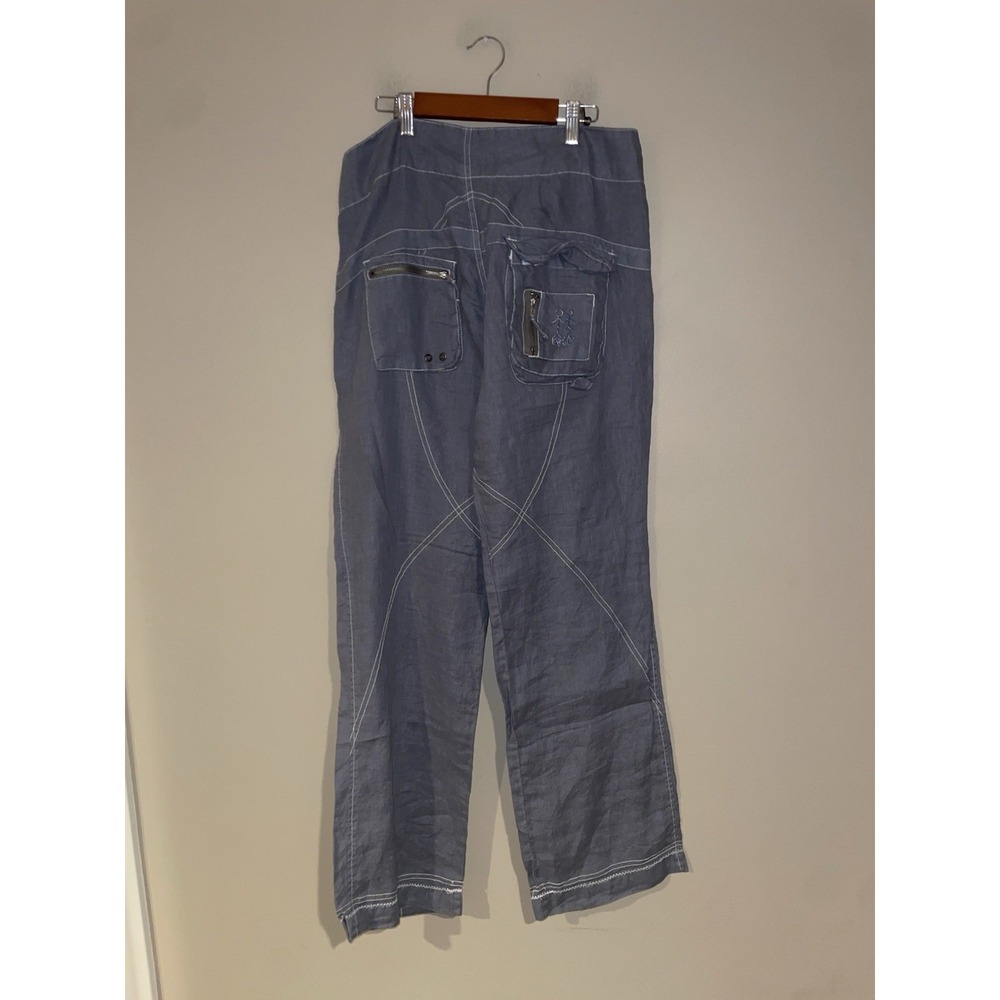 Pete Greta Johnny Was Linen Cargo Pants Size 6 Unisex Zip Pockets Boho Blue Gray - Picture 3 of 5